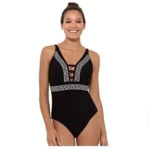 Freshwater Triple Tab One-Piece Swimsuit Black & white - NWT!